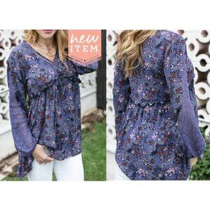 Grace & Lace Floral Boho Top Womens Medium Perwinkle Blue Cottage Babydoll